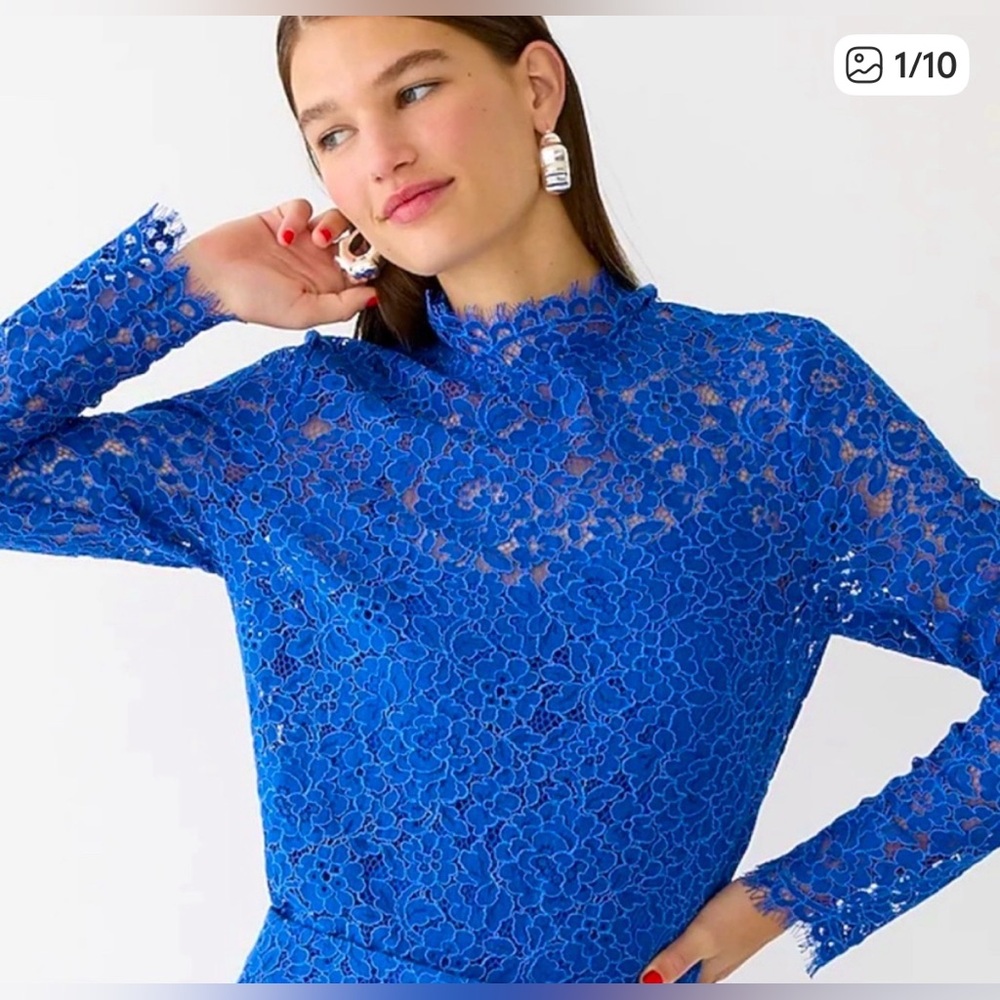 J Crew Scalloped Lace Mockneck Top Blue Preppy Work Office  Womens Size 4
